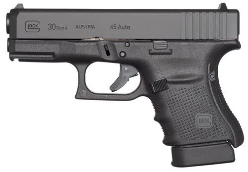 Glock, 30 Gen 4, Safe Action, Compact Pistol, 45 ACP, 3.77" Barrel, Polymer Frame, Matte Finish, Fixed Sights, 10Rd, 3 Magazines, Glock OEM Rail
