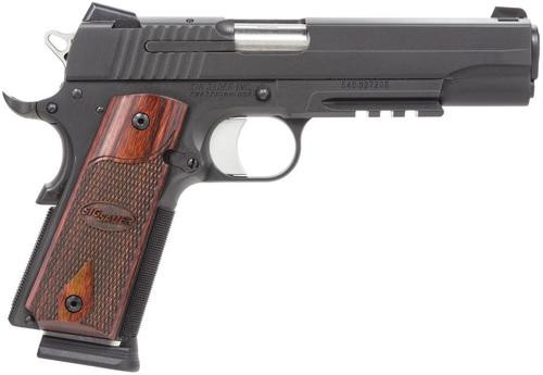 Sig 1911R, Nitron, California Compliant, SAO 45 ACP, 5" Barrel,, Black, Rosewood Grips, Night Sights, Manual Safety, 8rd, Accessory Rail, 2 Magazines