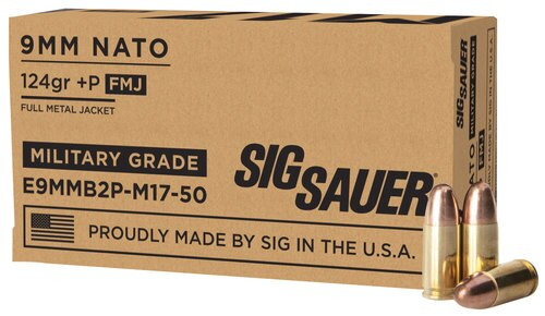 Sig Sauer Ammo Elite Ball M17 9mm+ P 124gr, FMJ, Military Grade, 50rd Box