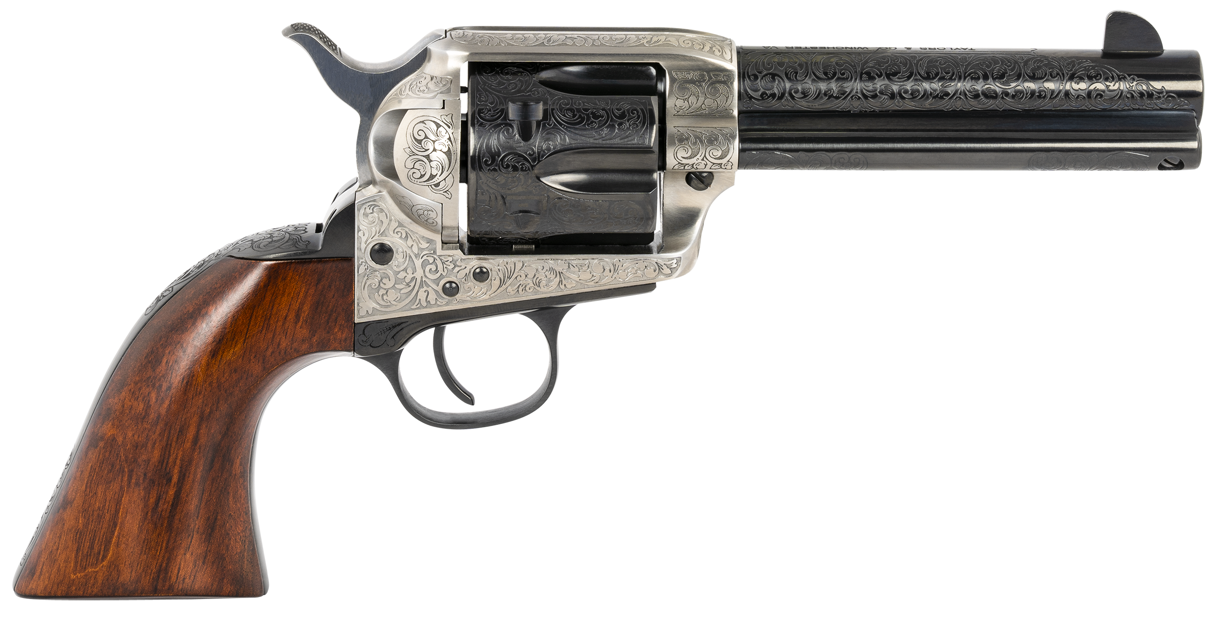Taylors 1873 Cattleman Revolver 550925, 45 Colt, 4.75", Walnut Grips, Coin Photo Engraved Finish, 6 Rds