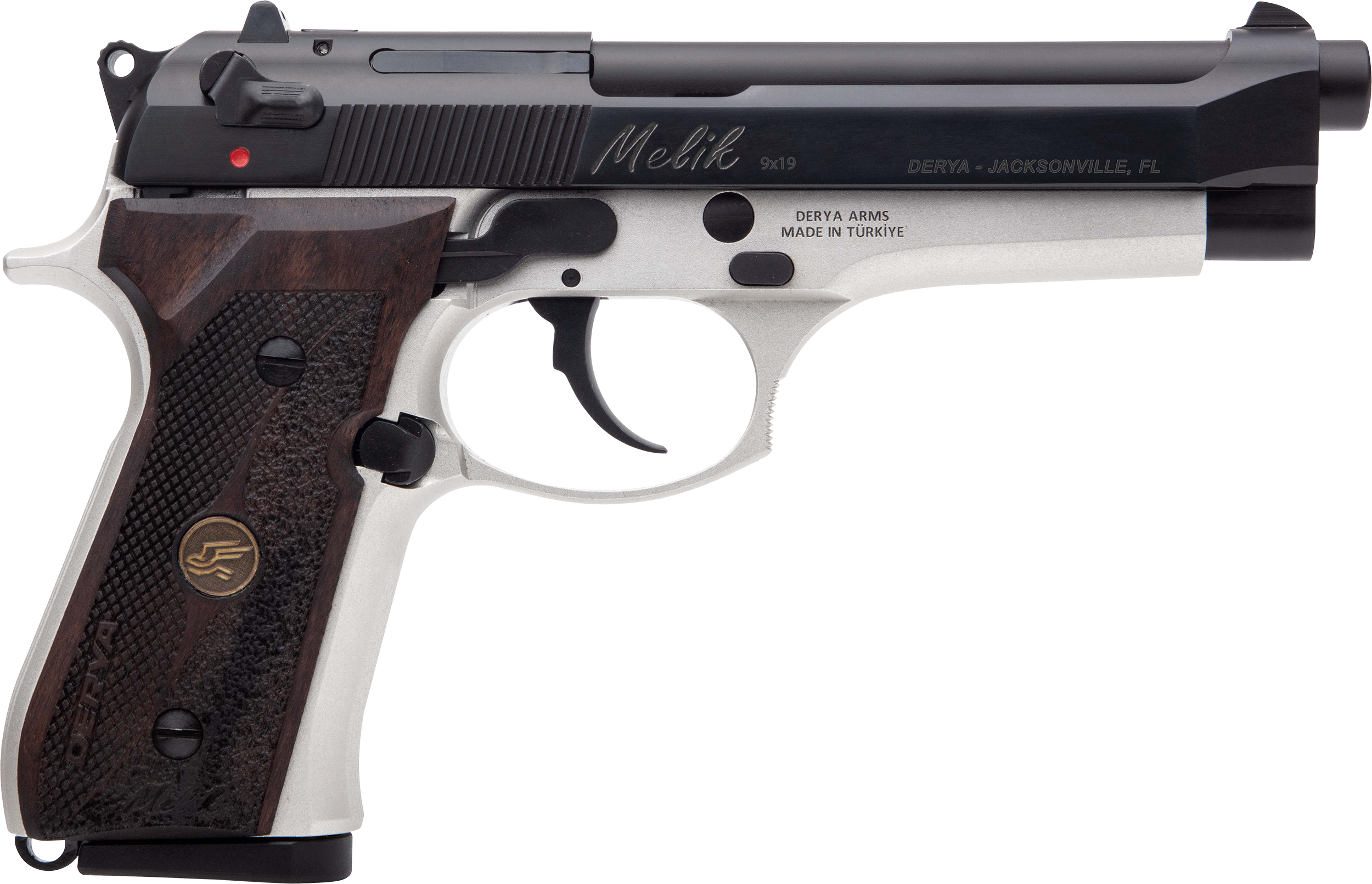 Derya Melik Two Tone Pistol 15LTTMELIK9TR, 9mm, 4.90in, Dark Walnut Grips, Silver Anodized Finish, 15 Rds
