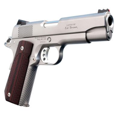 Ed Brown KC18SS 1911 Kobra Carry Serrated Frame 45 ACP 7+1 4.25" Stainless Recessed Crown Barrel, Matte Stainless Serrated Steel Slide & Frame, Laminate Wood Grip, Right Hand