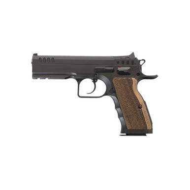 Tanfoglio IFG TFSTOCKI9SF Defiant Stock I 9mm Luger Caliber with 4.50" Barrel, 16+1 Capacity, Overall Black Finish Steel, Picatinny Rail/Beavertail Short Frame, Serrated Slide & Wood Grip