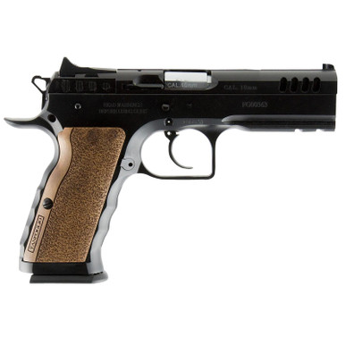 Tanfoglio IFG TFSTOCKI40SF Defiant Stock I 40 S&W Caliber with 4.50" Barrel, 12+1 Capacity, Overall Black Finish Steel, Picatinny Rail/Beavertail Short Frame, Serrated Slide & Wood Grip