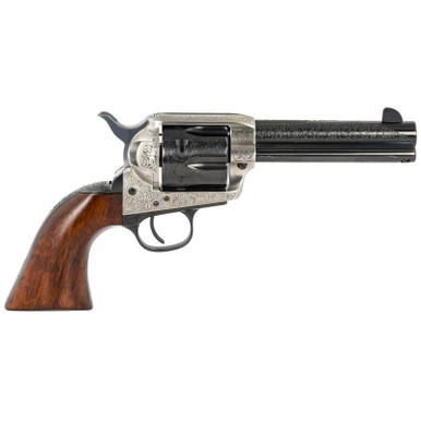 Taylors & Company 550925 1873 Cattleman 45 Colt (LC) Caliber with 4.75" Blued Floral Engraved Finish Barrel, 6rd Capacity Blued Finish Cylinder, Coin Photo Engraved Finish Steel Frame & Walnut Grip