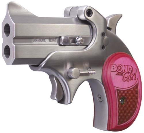 Bond Arms, Girl Mini, Derringer, 357 Magnum/38 Special, 2.5" Barrel, Steel, Stainless Finish, Pink Wood Grips, Fixed Sights, 2 Rounds, Without Trigger Guard