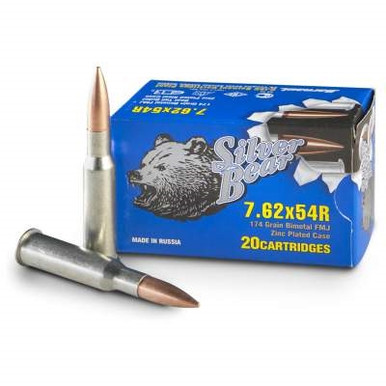Silver Bear 7.62x54mm Rimmed Russian Ammunition 174 Grain Full Metal Jacket Zinc Coated Steel Casing 20 rounds