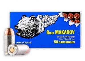 Silver Bear 9x18mm MAKAROV (NOT LUGER) A918RFMJN 94 Grain Full Metal Jacket 50 Rounds