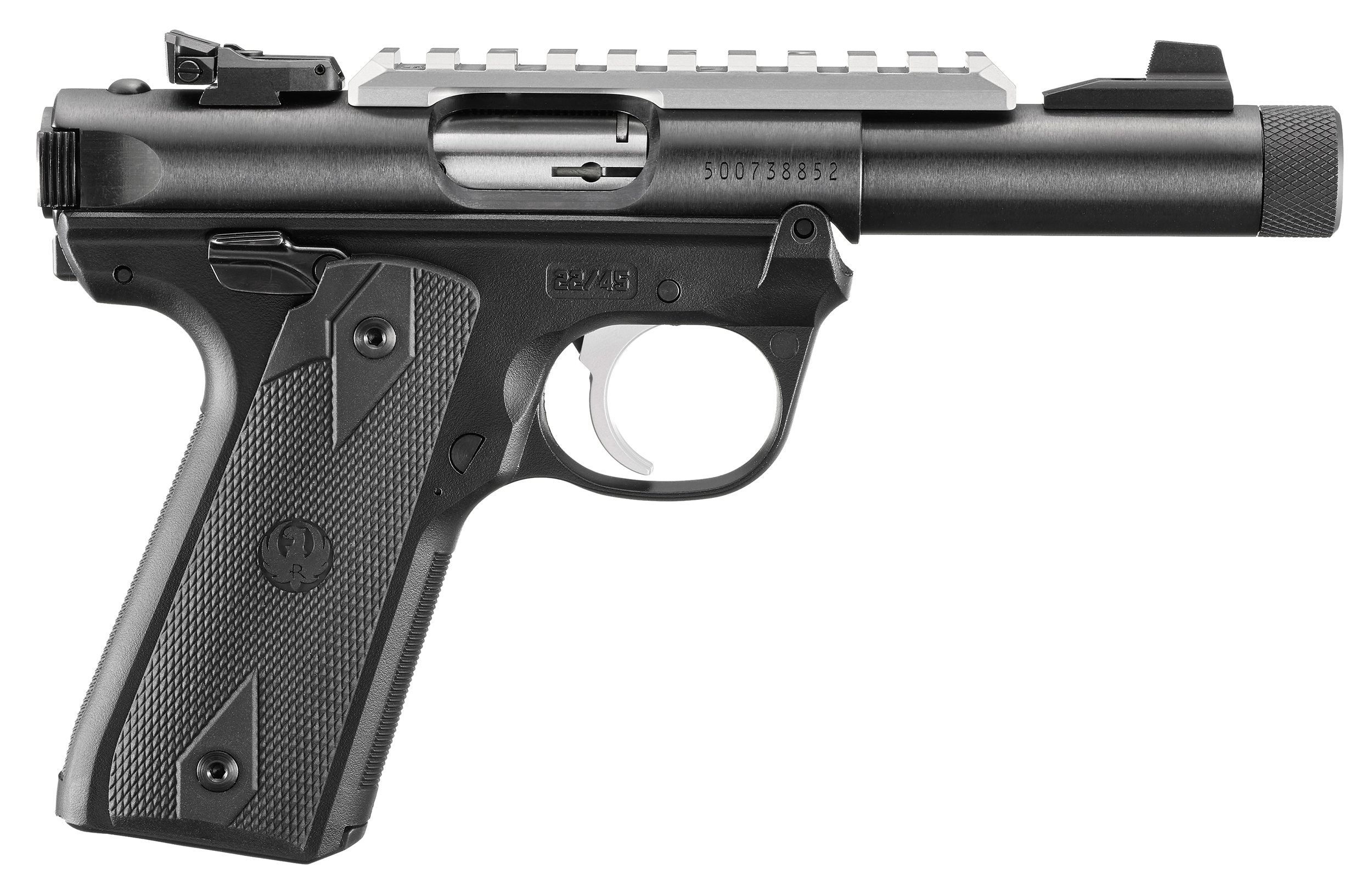 Ruger Mark IV Pistol 40190, 22 LR, 4.4", Black Polymer Grips, Black Hard Coat Anodized Finish, Silver Rail, 10 Rd
