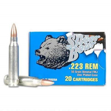 Silver Bear 223 Remington Ammunition 55 Grain Full Metal Jacket Zinc Coated Steel Casing 20 rounds