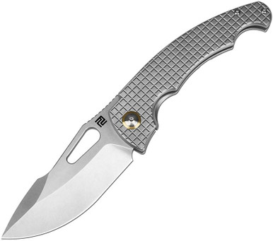 ArtisanCutlery 2023 BLADE Show Xcellerator Folding Knife - 3.86" S90V Stonewashed Harpoon Blade, Fragged Titanium Handles, Frame Lock - 1860G-GY