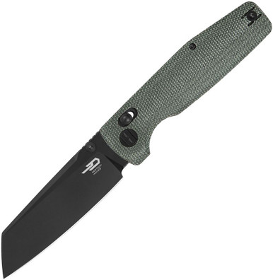 Bestech Knives Slasher Crossbar Lock Folding Knife - 3.5" D2 Black Sheepsfoot Blade, Green Canvas Micarta Handles - BG56B-2