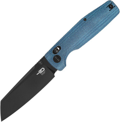 Bestech Knives Slasher Crossbar Lock Folding Knife - 3.5" D2 Black Sheepsfoot Blade, Blue Canvas Micarta Handles - BG56C-2