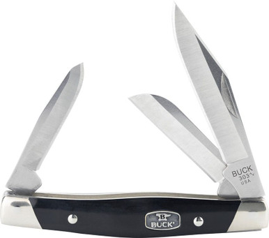 Buck 0303BKS1 Cadet 3 Blade Slipjoint Folding Knife - 3.35" Closed, Black Synthetic Handle with Nickel Silver Bolsters - 14114