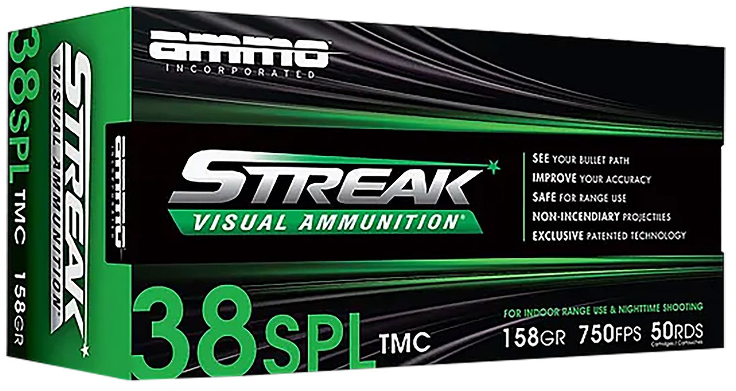 Ammo Inc Streak Visual (GREEN) Pistol Ammunition 38158TMCSTRKGRN50, 38 Special, Total Metal Case, 158GR, 750fps, 50 Rd/bx