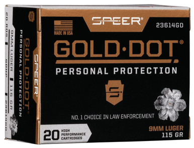 Speer 9mm Ammunition Gold Dot 23614GD 115 Grain Gold Dot Hollow Point 20 Rounds