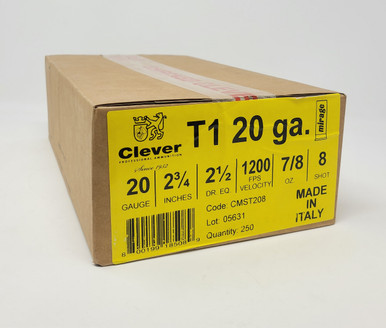 Clever 20 Gauge Ammunition CMST208CASE 2-3/4" 7/8oz #8 Shot 1200fps CASE 250 Rounds