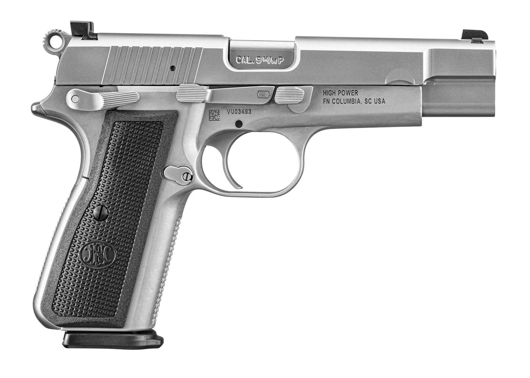 FN Herstal High Power Full Size Pistol 66101068, 9mm, 4.70", Black Textured Grips, Matte Stainless Finish, Ambidextrous, 17 Rds