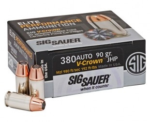 Sig Sauer 380 Auto Ammunition V-Crown E380A1-20 90 Grain Jacketed Hollow Point 20 rounds