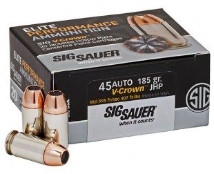Sig Sauer 45 Auto Ammunition V-Crown E45AP0-20 185 Grain Jacketed Hollow Point 20 rounds