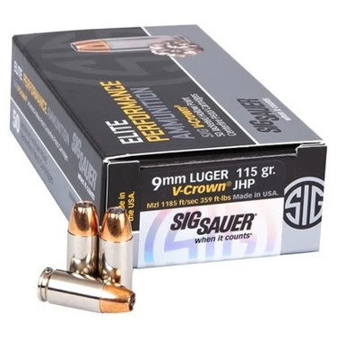 Sig Sauer 9mm Ammunition V-Crown E9MMA1-50 115 Grain Jacketed Hollow Point 50 Rounds