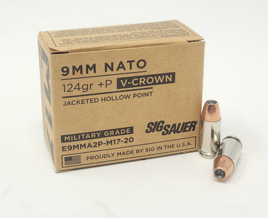 Sig Sauer 9mm +P Ammunition E9MMA2PM1720 124 Grain V-Crown Jacketed Hollow Point 20 Rounds