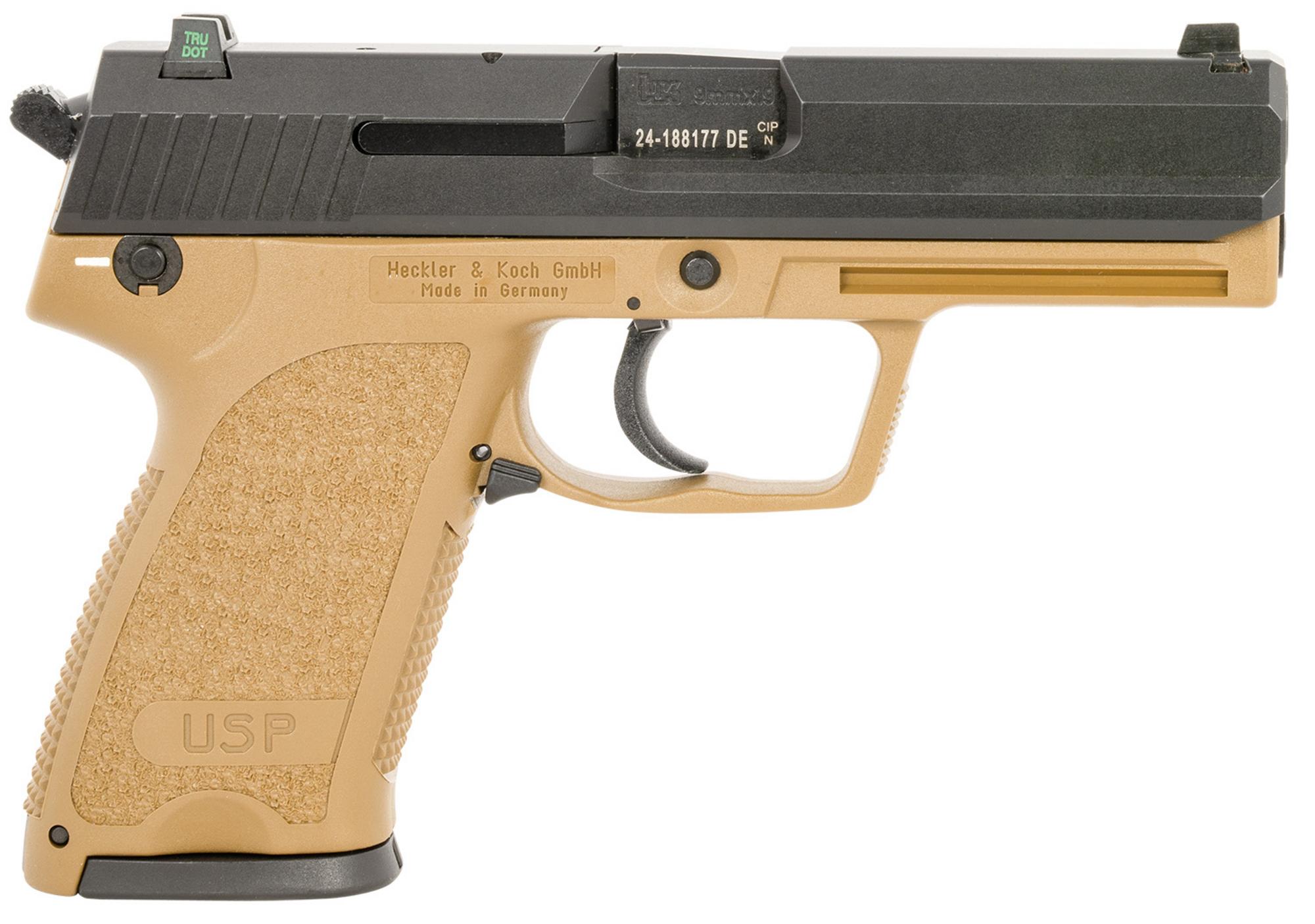 Heckler & Koch USP9 V1 Pistol DA/SA 81000354, 9mm, 4.86", FDE Polymer Grips, Match Grade Trigger, Ambidextrous, 15 Rds