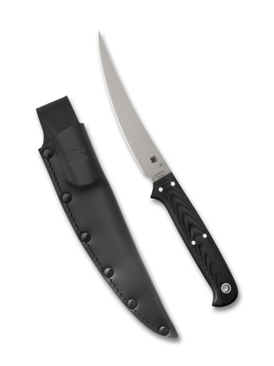 Spyderco Phil Wilson Shelter Cove Fixed Blade Knife 5.78" 8Cr17MoV Satin Trailing Point Blade, Contoured Black G10 Handles, Leather Sheath - FB52GP