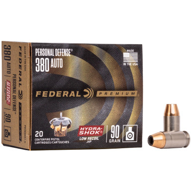 Federal Premium Personal Defense Hydra-Shok 380 ACP 90 Grain Jacketed Hollow Point - Low Recoil, 20 Round Box