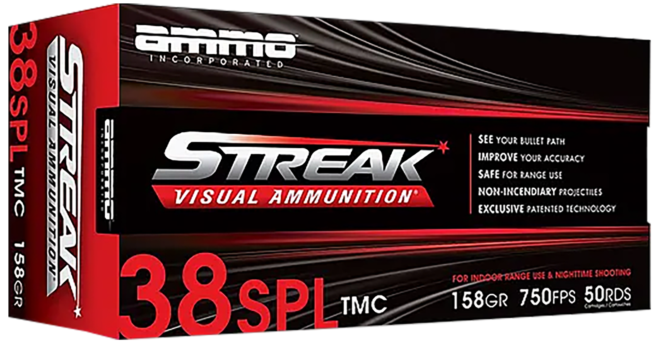 Ammo Inc Streak Visual (RED) Pistol Ammunition 38158TMCSTRKRED50, 38 Special, Total Metal Case, 158GR, 750fps, 50 Rd/bx