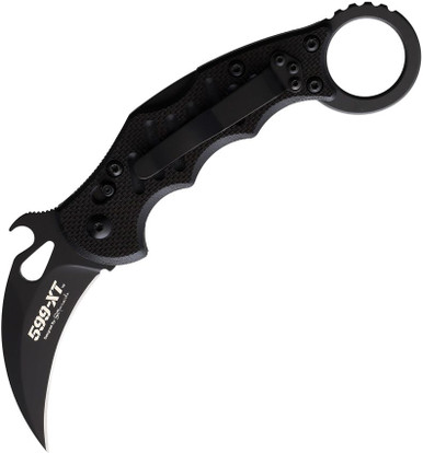 Fox 599 Karambit Linerlock Folding Knife - 2.5" Bohler N690 Black Karambit Blade, Black G10 with Finger Grooves Handles