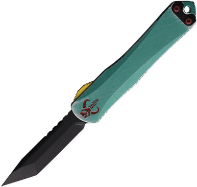 Heretic Knives Special Edition Manticore S Bounty Hunter OTF AUTO - 2.55" CPM-MagnaCut Battle Black Tanto Blade, Distressed Green Aluminum Handle with CamoCarbon Top - H023-8A-BOUNTY