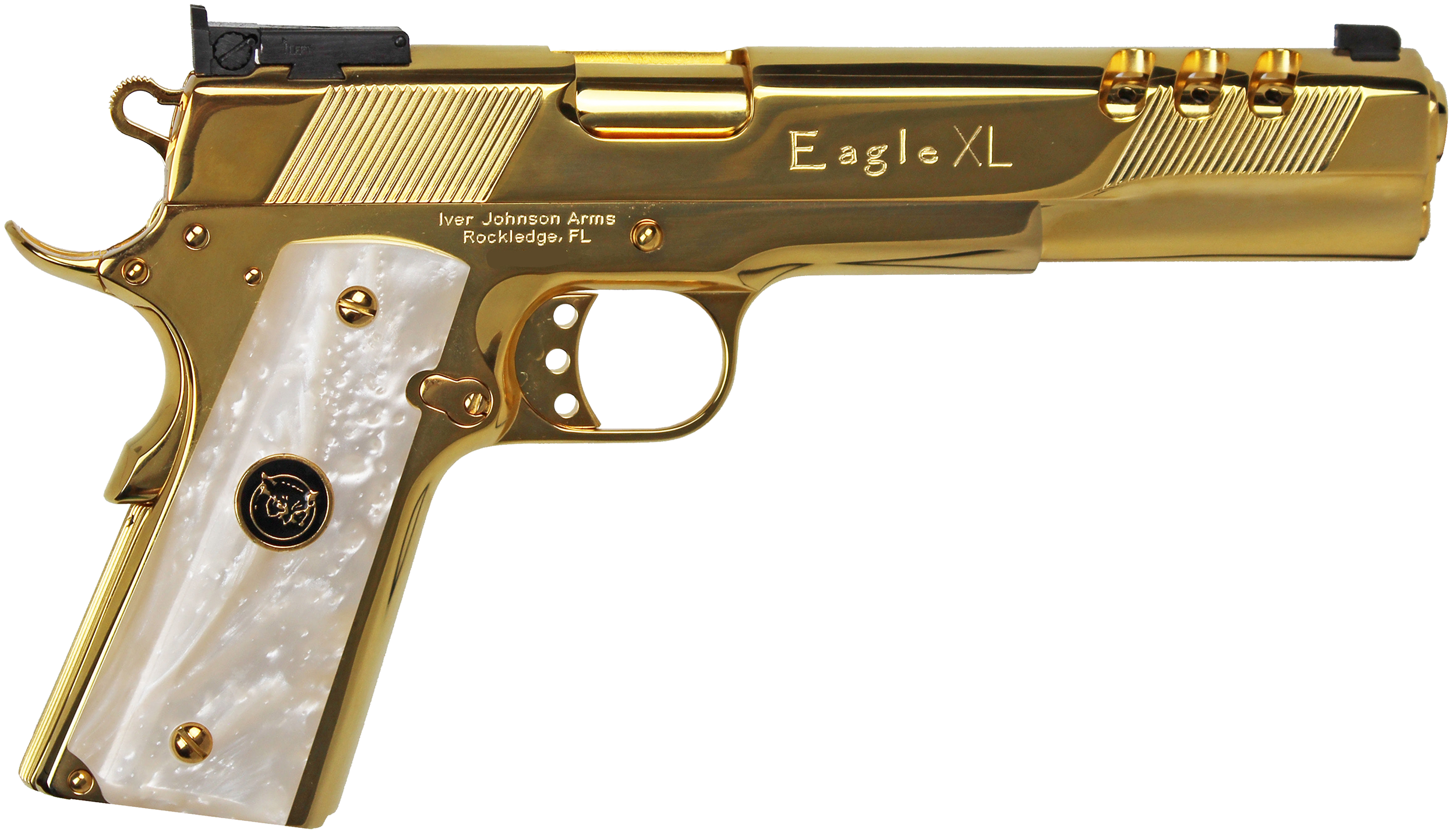 Iver Johnson Golden Eagle XL Deluxe Pistol GOLDEAGLEXL10WP, 10mm Auto, 6in, Synthetic White Pearl w/Iver Johnson Logo, 24K Gold Plated Finish, 8 Rds