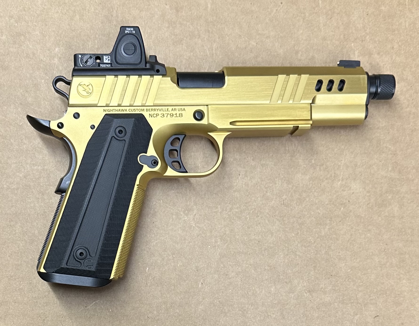 Pre Owned Nighthawk President 9mm Gold IOS W/ Trijicon RMR Threaded Barrel 1911