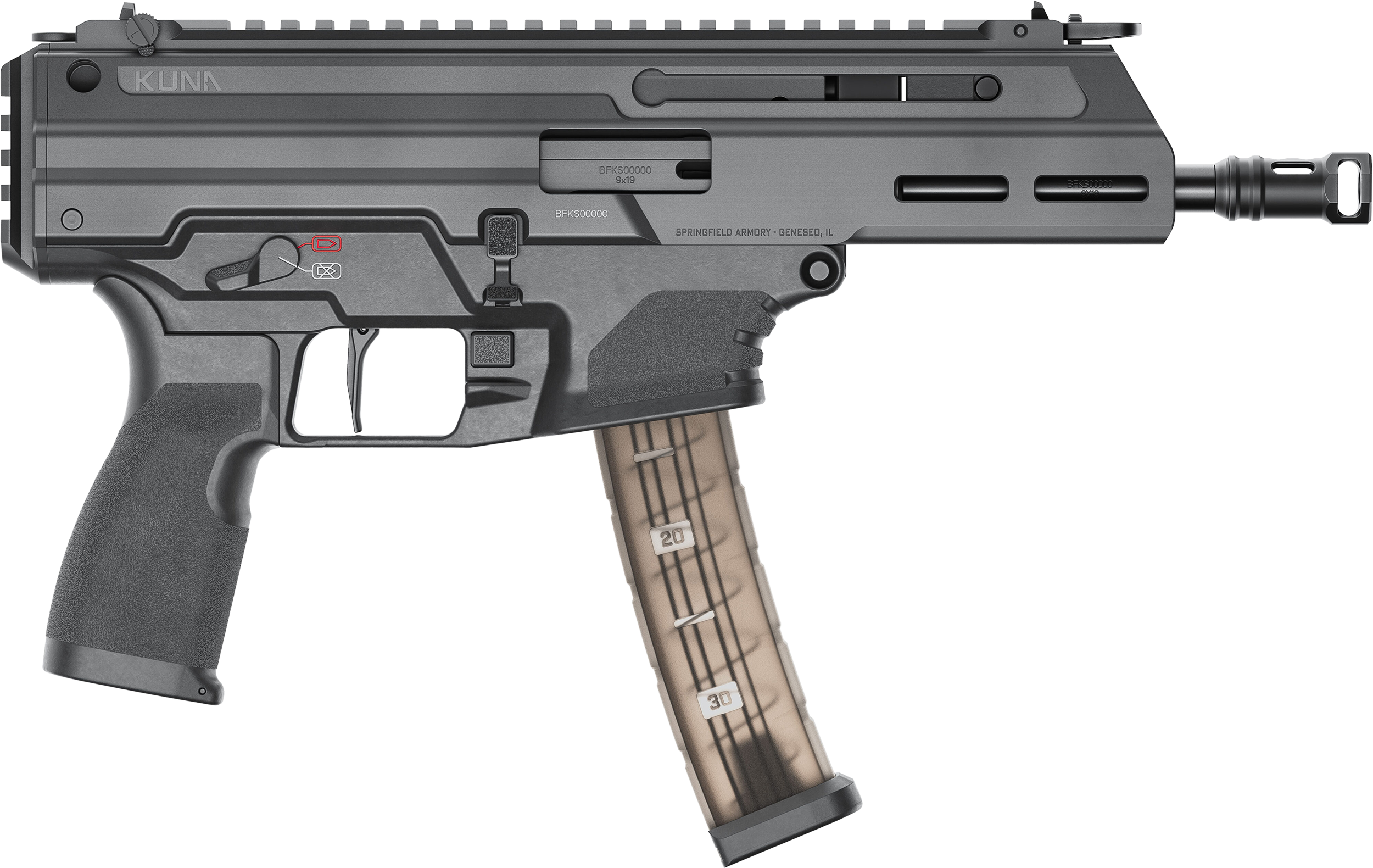 Springfield Armory Kuna Pistol PDW KN9069B, 9mm, 6.12" Threaded, Hybrid Flip-up Sights, Polymer Grips, Black Melonite Finish, Ambidextrous, 30+1