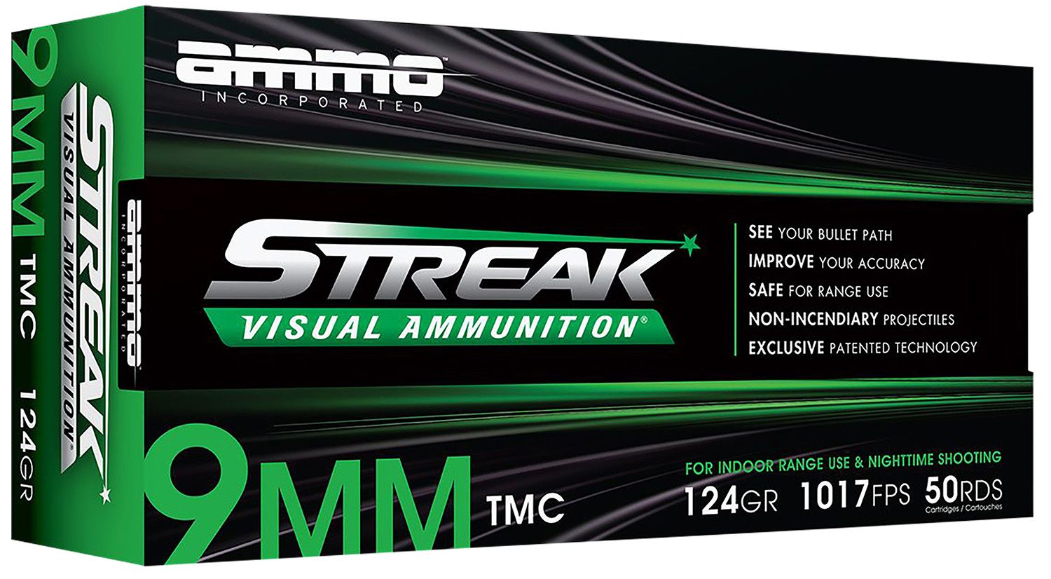 Ammo Inc Streak Visual (GREEN) Self Defense Pistol Ammunition 9124TMCSTRKGRN50, 9mm Luger, Total Metal Case, 124GR, 1065fps, 50 Rd/bx