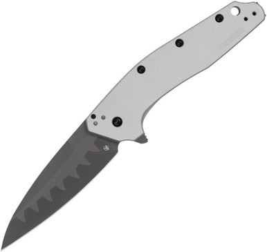 Kershaw Dividend Assisted Flipper Knife - 3" N690 and CPM-D2 Composite Bead Blasted Plain Blade, Gray Aluminum Handles