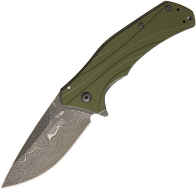 Kershaw 1870OLDAM Knockout Assisted Flipper Knife - 3.25" Damascus Blade, Olive Drab Aluminum Handles, Frame Lock
