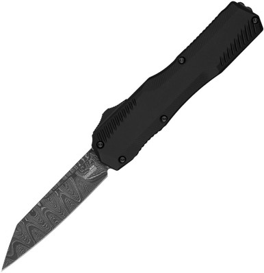 Kershaw Livewire OTF AUTO Knife - 3.3" Damscus Reverse Tanto Blade, Black Aluminum Handles, Reversible Clip - 9000RDAM