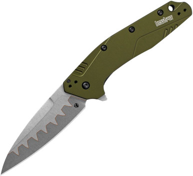 Kershaw Dividend Assisted Flipper Knife (FACTORY SECONDS) - 3" N690 and CPM-D2 Composite Bead Blasted Plain Blade, Olive Aluminum Handles - 1812OLCBB