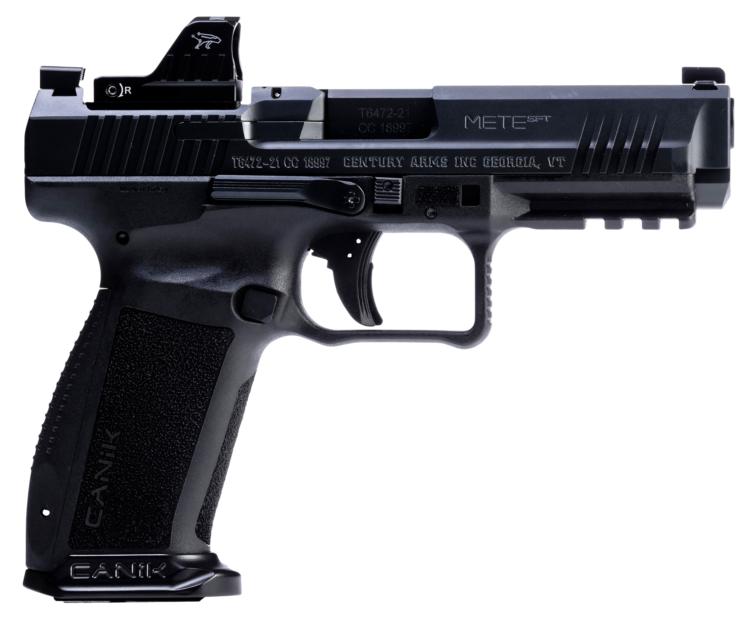 Canik Mete SFT Full Size Pistol HG7164N, 9mm, 4.46", Aggressive Textured Polymer Grips, Black Finish, w/MeCanik M01 Optic, Ambidextrous, 20 Rds