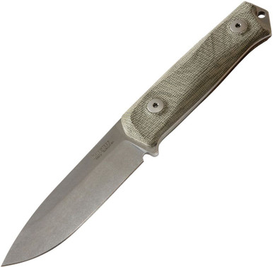 lionSTEEL B41 Bushcraft Fixed Blade Knife - 4.25" Sleipner Spear Point Blade, Green Canvas Micarta Handles, Leather Sheath - B41 CVG