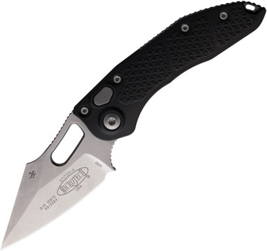 Microtech 169-10 AUTO Stitch Folding Knife - 3.625" Stonewashed Spear Point Blade, Black Aluminum Handles