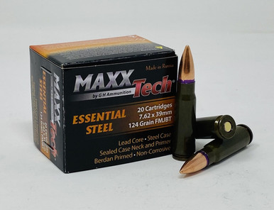 MaxxTech Essential Steel 7.62x39mm Ammunition MTES762X 124 Grain Full Metal Jacket *Repackaged* 60 Rounds