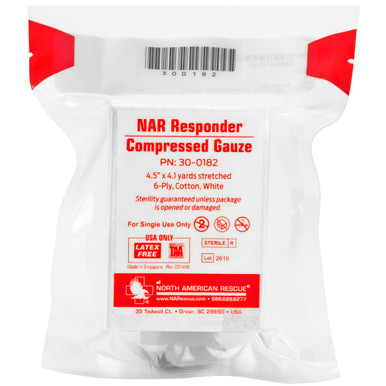 North American Rescue Responder Compressed Gauze - 4.5" x 4.1yd Sterile 6-Ply 100% Cotton Gauze, Crinkle Weave, Latex Free