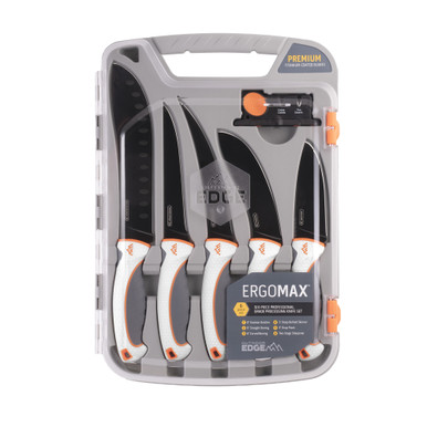Outdoor Edge ErgoMax Fixed Blade Knife Set - Plain Edge, White and Orange Handles, Titanium Coated Blades, Kit includes 5 Knives and Sharpener