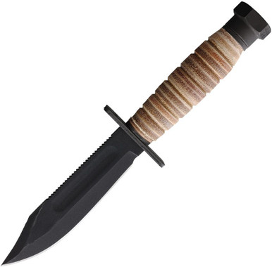 Ontario 499 Air Force Survival Knife - 5" 1095HC Sawback Blade with False Top Edge and Blood Grooves, Natural Leather Handle, Brown Leather Sheath - 6150