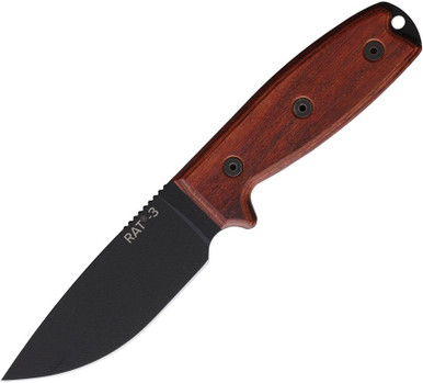 Ontario Knives RAT 3 Fixed Blade - 4" 1075 HC Black Drop Point Blade, Laminated Wood Handles, Brown Leather Sheath