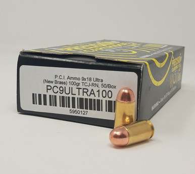 Precision Cartridge 9x18mm Ultra Ammunition (NOT LUGER or MAKAROV) PC9ULTRA100 100 Grain Total Metal Jacket 50 Rounds