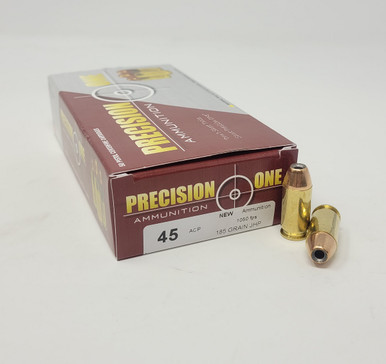 Precision One 45 ACP Ammunition PONE111 185 Grain Jacketed Hollow Point 50 Rounds